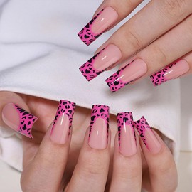 WAFOLOZE Red Leopard French Tip Press On Nails - Long Press On Nails Square Fake Nails with Nail Glue, Artificial Nails 16 Sizes - 32Pcs Reusable False Nails Tips Kit, Stick On Nails for Women