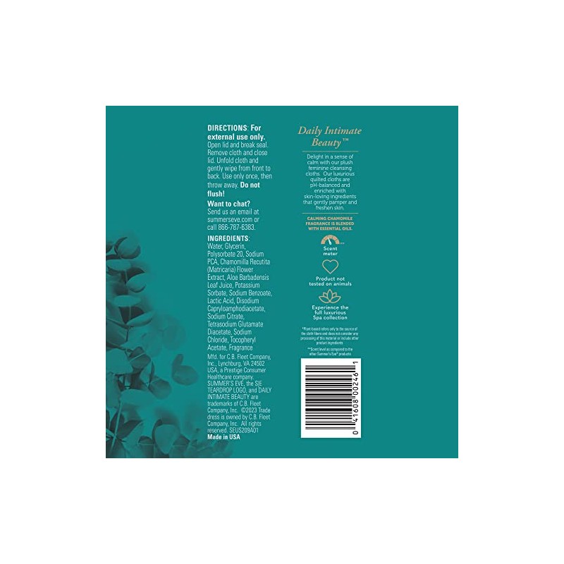 Summer's Eve Spa Calming Chamomile Feminine Wipes, 100% Plant Based*,