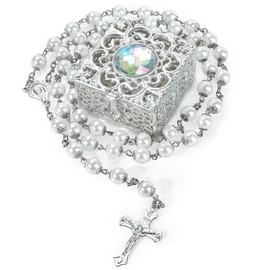 NCPLYGOU 8mm Rosary Beads Necklace, Rosary Beads Catholic for Men and Women Comes in a Metal Gift Box, First Communion Rosary Necklace as Gifts(Silver)