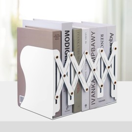 Honagu Adjustable Bookends, Metal Book Ends for Shelves Heavy Book, Desk Magazine File Organizer for Home, Office, Books, Papers, Extends up to 19 inches (White)