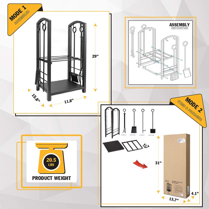 Olympia Tools 87-368 5-Piece Fireplace Tool Set with Log Rack
