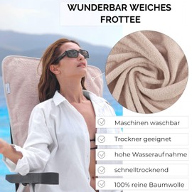 CalmyBEACH Terry Cloth Protective Cover for Garden Chair - 130 x 60 cm Cover 100% Cotton High-Backed Chair Cushion Garden Chair Cushions Sun Chair Deck Chair Cushion (Beige)