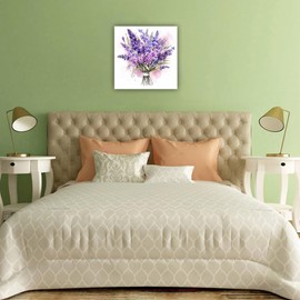 LURENCZH Lavender Canvas Wall Art Purple Bouquet Picture Prints Watercolor Rustic Flower Paintings for Farmhouse Bathroom Decor Framed(Lavender-1,12.00" x 12.00")