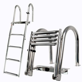 Manumarine 4 Step Pontoon Boat Ladder, Heavy Duty 316 Stainless Steel Telescoping Folding Ladder, Wide Non-Slip Steps & Secure Handrails - All Welded Reinforced for Dock, Swim Deck, Inboard Entry