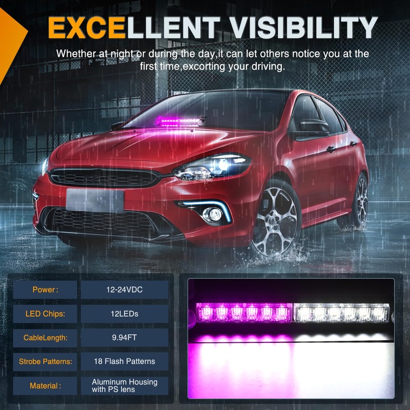 Nilight 12LED Traffic Advisor Strobe Light Bar Purple White Emergency