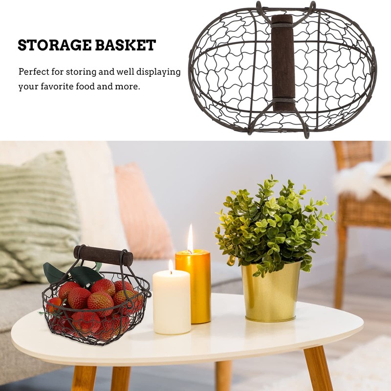Tofficu Antique Wire Egg Basket with Wood Handle Primitives Vintage