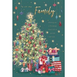 To All the Family Christmas Card - Decorative Christmas Tree - Artistic Festive Design - Special Finishes and Illustrated Insert Leaf - Made in the UK - Eco-Friendly