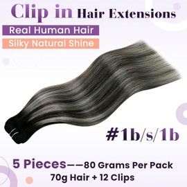 LaaVoo Clip In Hair Extensions Real Human Hair Extensions Clip In 5pcs 80g 14 Inch - Balayage Natural Black & Silver Remy Straight Clip-in Human Extensions Double Weft #1b/s/1b