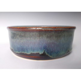 Large Pet Dish, Dog Cat Food Water Bowl, Stone Color with Light Blue Swirl, Handmade Stoneware Ceramic