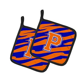 Caroline's Treasures CJ1023-PPTHD Letter P Initial Tiger Stripe - Blue Orange Pair of Pot Holders Kitchen Heat Resistant Pot Holders Sets Oven Hot Pads for Cooking Baking BBQ, 7 1/2 x 7 1/2