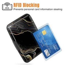 Rimilak Aluminuml Credit Card Holder, Mini Credit Card Wallet RFID Blocking Slim Metal Hard Case for Women Men, Black Gold Mable
