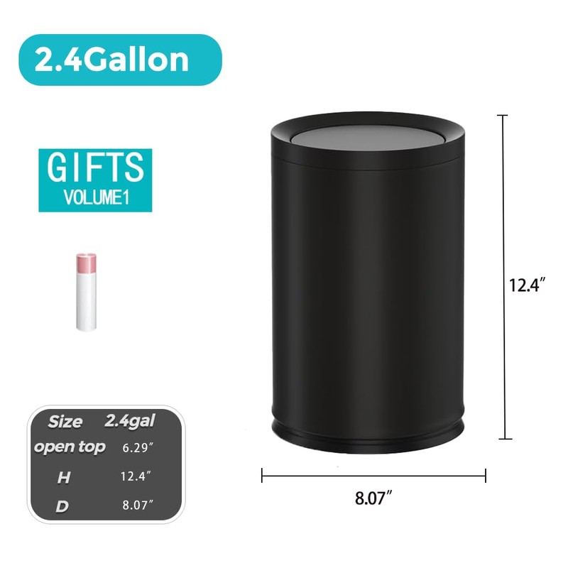 YOJIA 2.3/9L Gallon Metal Trash Can with Lid,Black,Light Luxury,Elegant Garbage