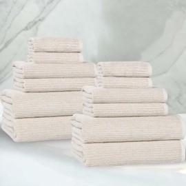 Superior Destin Viscose Cotton Blend Medium Weight Towels, for Bathroom, Shower, Spa, Plush, Quick Dry, Ultra-Soft Towels, Bath Essentials, Ribbed Design, 12 Piece Assorted Towel Set, Beige