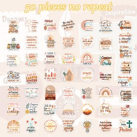 50Pcs Spanish Christian Inspirational Laptop Stickers, Boho Bible Verse Waterproof Decals for Scrapbook Journaling Water Bottle Phone, Christian Gifts for Women
