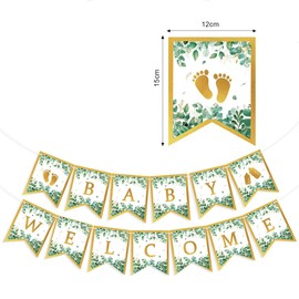 'WElCOME BABY' Banner, Greenery and Gold Design, Party Decoration, 2-Line Bunting Flags