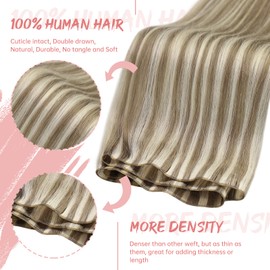 Fshine Genius Weft Highlight Human Hair Genius Weft Ash Blonde and Golden Blonde Sew in Human Hair Extensions 22 Inch 60g Real Human Hair Extensions for Women Blonde Hair Human Hair Extensions