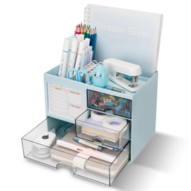 RISEMART Desk Organiser with 3 Drawers, Multifunctional Pen Holder for Desk, Desk Organiser and Storage with 5 Compartments, Desk Organiser for Office, Home, Blue