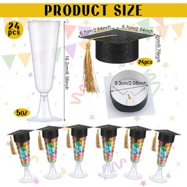 Ziliny 48 Pcs 2025 Mini Graduation Caps and Goblet Grad Bottle Topper Plastic Champagne Flutes Glitter Black Graduation Goblet Lid Graduation Cap with Tassels for Graduation Party Table Decorations