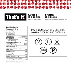 That's it. Apples + Cherry 100% Natural Real Fruit Bar, Best High Fiber Vegan, Gluten Free Healthy Snack, Paleo for Children & Adults, Non GMO Sugar-Free, No preservatives Energy Food (Pack of 12)