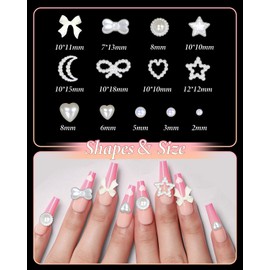 3D Multi Shapes Nail Charms and Flatback Pearls, Creamy White Mixed Heart Star Bows Bowkntos Nail Art Charms, Moon Pearl Heart Charms for Nail Art DIY Accessories with Pickup Tool
