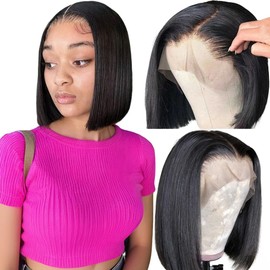 SKYDO Bob Wig Human Hair 13x4 Lace Front Bob Wigs Human Hair Pre Plucked Hairline 180 Density Short Bob Wigs for Women Natural Color 16inch