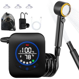 Upgraded 8000mAh & 5 Speed Portable Shower for Camping, LCD Display Rechargeable Camping Shower Head with 4 Spray Modes, IPX8 Waterproof Pocket Outdoor Shower Pump for Hiking, Travel, Car, Pet, Black