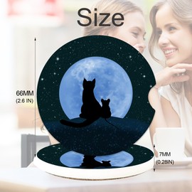 Black Cat Mouse Moon Coasters for Cup Holders, Absorbent Ceramic Coasters with Cork Back, Anti Slip Car Cup Mats for Most Car Interiors, 2PCS