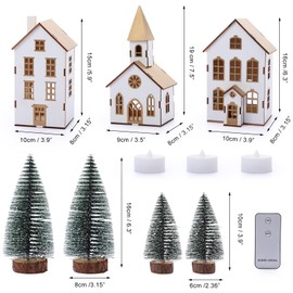 BEARAE Christmas Village Sets 7PCS, Christmas Houses, Xmas Town Village Decorations, Including 3 Remote Led Houses and 4 Frosted Trees for Tabletop Mantel Decor