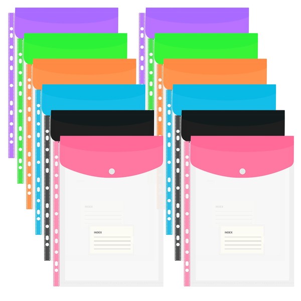 Candcamp 12 Pack Punched Folders with Plastic Pockets,6 Color A4