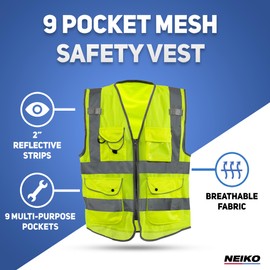 NEIKO Safety Vest with Pockets, High Visibility, Reflective Strips, Zipper Front, Adult Unisex Work Vest, Small, Yellow, Polyester, Class 2, ANSI/ISEA 107-2010 Approved