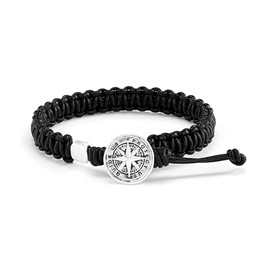 DEMDACO Protect Us Guide Us Compass, Black/Silver Tone 8.5 Inch Leather/Metal Men's Everyday Fashion Bracelet