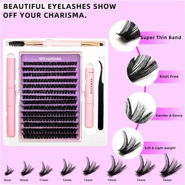 DIY Lash Extension Kit Volume Lash Clusters 60D D Curl Individual Lashes Lash Clusters Kit Thick Eyelash Extension Kit 280 pcs Thin Band Cluster Lashes Lash Bond and Seal Lash Tweezers(Fluffy60D kit)