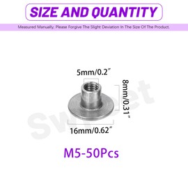 Swpeet 50pcs M5 × 16 × 8 mm Carbon Steel Tee Nut Through Hole Flange Insert Female Thread Nuts, Round Base Welding Tee Nuts, Brad Hole T-Nut Assembly for Wooden Furniture