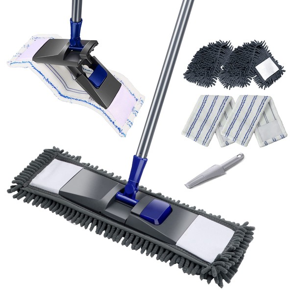 Masthome Flat Floor Mop Set, 128 cm Chenille Flat Mop with 4 Mop Pads, Wiper Set for Quick Cleaning, Floor Cleaning, Send Scraping Dust Tool - Blue