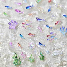 1 Sheets 5D Embossed Summer Nail Stickers for Nail Art Self-Adhesive Fish Nail Art Stickers Colorful Fish Seaweed Nail Decals Cute Nail Design for Women DIY Nails Decoration