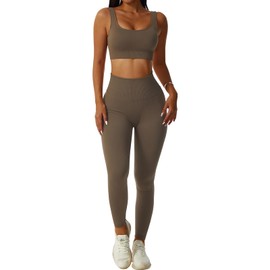 dohomiryo Women's Sports Suits, Jogging Suit, Sports Sets, 2-Piece Workout Outfit Set, Sports Crop Top + High Waist Yoga Leggings, Yoga Outfit, Leisure Suit, Sportswear, brown