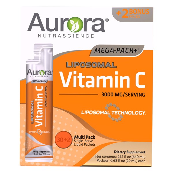 Aurora Nutrascience Mega-Pack Liposomal Vitamin C, Immune Support, 3,000 mg Serving, Gluten Free, Non-GMO, 32 Single Serve Packets, 21.7 oz (640 mL)