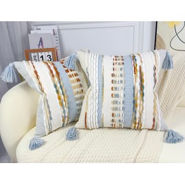 NUYECY Boho Throw Pillow Covers 18x18 Aesthetic Neutral Boucle Couch Pillow Cover Rainbow Striped Decorative Accent Pillow Case for Couch Bed Sofa Farmhouse Bedroom,Modern Funky,Set of 2 Light Blue