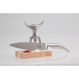 Tridens 3-Piece Essentials Cutlery Set With Hand Finished Ergonomic Brushed Stainless Steel Fork, 165mm / 6.5-in, Goyon-Chazeau Chef’s Knife, 20cm / 7.9-in & Beechwood Base, 100% Made In France