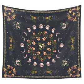LISKCK Floral Plants Moon Phase Tapestry, Black Background Botanical Tapestries Wall Hanging Bohemian Wall Decor Blanket ​for Bedroom Home Dorm (M: 39.4ʺ x 59.1ʺ)