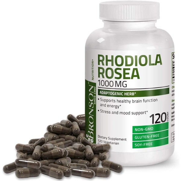 Bronson Rhodiola Rosea 1000 mg - Adaptogenic Herb for Brain, Stress & Mood Support - Non-GMO, 120 Vegetarian Capsules