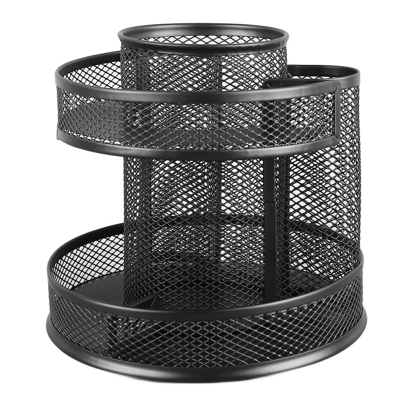 Rotating Pen Holder Black Mesh 7 Compartments Strong Metal Rotating