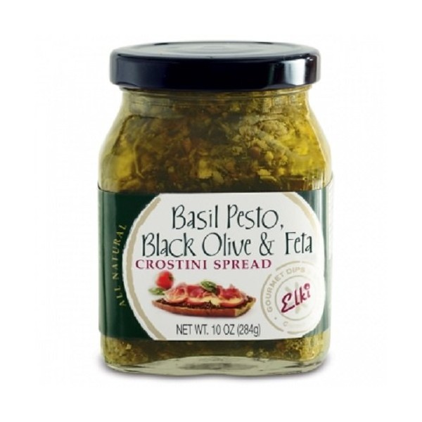 Elki's Gourmet Basil Pesto Kalamata Olive and Feta Crostini Spread, 10 Ounce