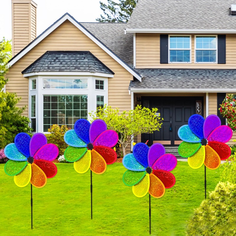LUKDUNG 4Pcs Colorful Garden Windmill, 30cm Rainbow Sparkly Windmills Spinners