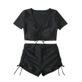 Lilosy High Waisted Tummy Control Drawstring Bikini Set Srting Swimsuit Short Sleeve Top and Tie Side Shorts 2 Piece Women Bathing Suit Black Small