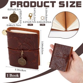 CRASPIRE Small Leather Journal 3.3x3.1 Notebook Carving Floral Travel Vintage Daily Blank Paper Refillable 128 Pages Bound Portable Notepad for Man Women Antique Gifts Artist Traveler Writing Coffee