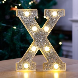 TEHIBIEN Marquee Light Up Letters, Glitter Silver LED Letter Lights Battery Powered Alphabet Letter Sign for Night Light Wedding Birthday Party Cafe Bar Decoration Girls Room Decor - Letter X