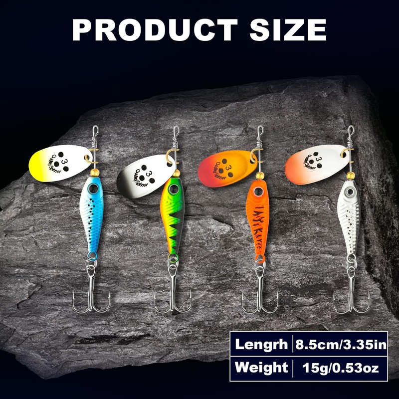 Bombrooster Fish Shape Spinner Baits with Treble Hooks, Wide Blades