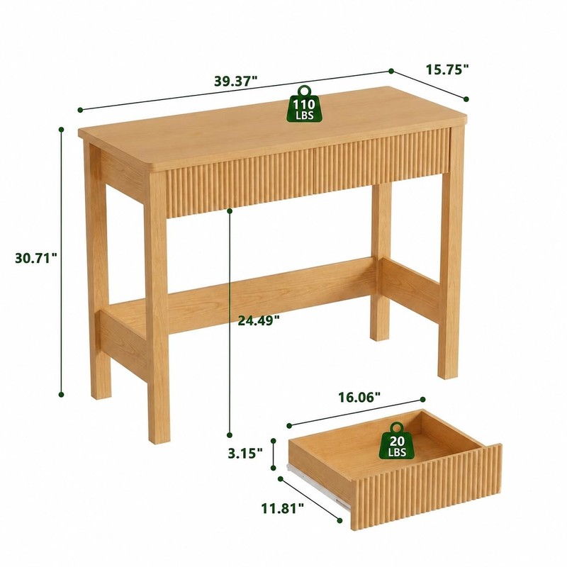 Fluted Light Oak Desk with 2 Drawers - 39 Inch