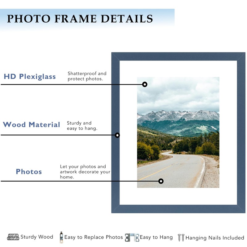 QOTIB 11x14 Picture Frame with 8x10 Mat Navy Blue, Display